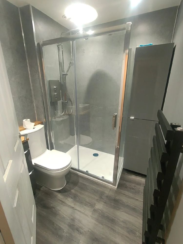 Bathroom with walk-in shower enclosure, toilet and heated towel rail
